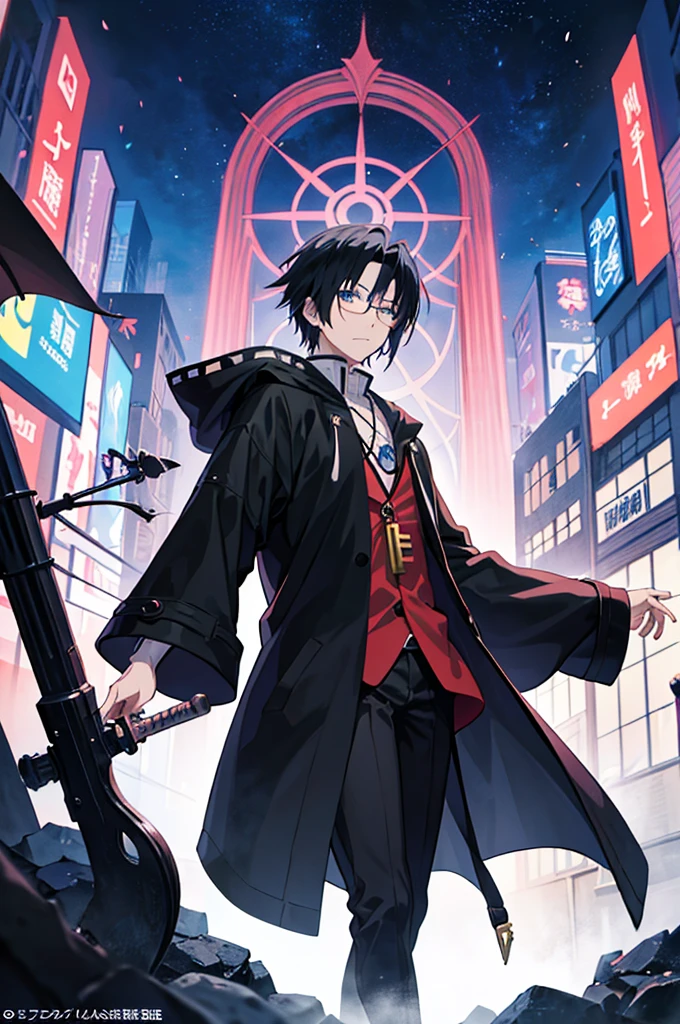 anime - style image of a man wearing a black coat and glasses, tall anime boy with dark blue eyes, long black haired magician, isekai anime art style, inspired by Nagato Uzumak, anime key art, man, inspired by Itachi Uchiha, male anime character, anime medieval city background.