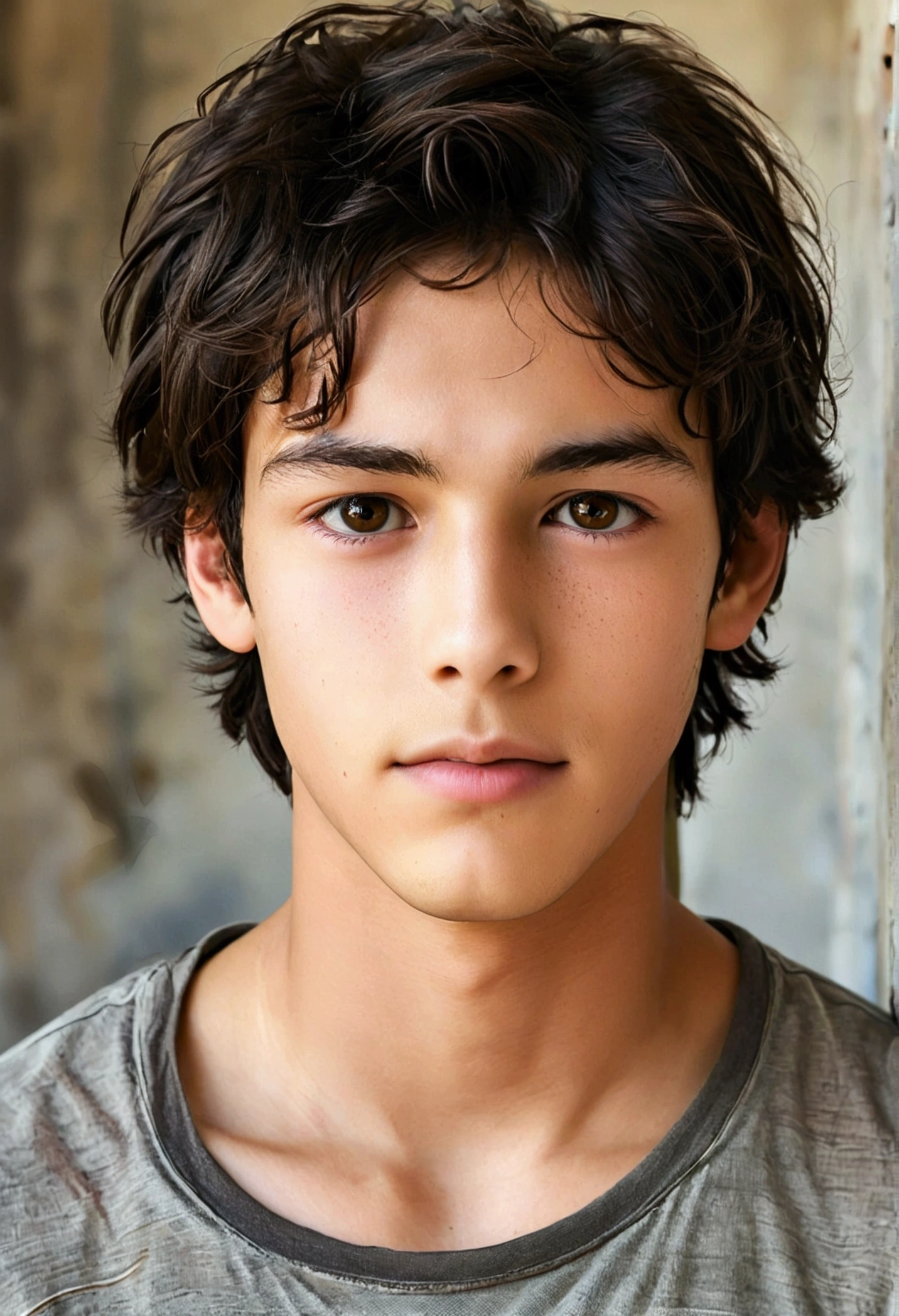Student of average height 172 cm , with dark brown hair and brown eyes that sometimes glow with a slight glow when he uses his powers. Usually wears casual and comfortable clothing, like jeans and neutral colored t-shirts. He is 13 years old with great potential hidden long hair
