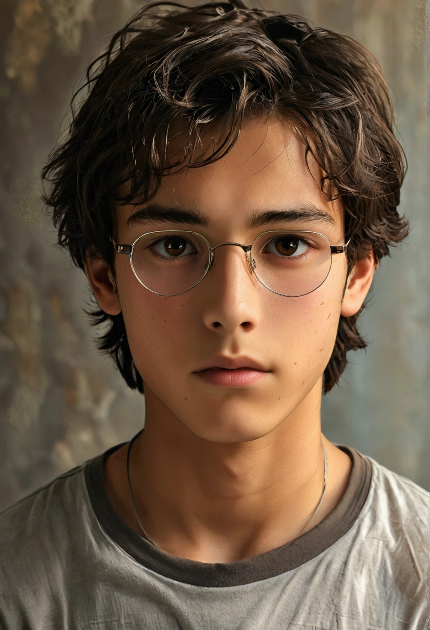 Student of average height 172 cm , with dark brown hair and brown eyes that sometimes glow with a slight glow when he uses his powers. Usually wears casual and comfortable clothing, like jeans and neutral colored t-shirts. He is 13 years old with great hidden potential