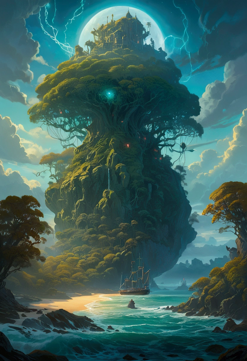 Mysterious Island, Mysterious atmosphere, exaggerate lighting, by Peter Mohrbacher, cinematic still, (best quality, masterpiece), very aesthetic, perfect composition, intricate details, ultra-detailed, vivid colors