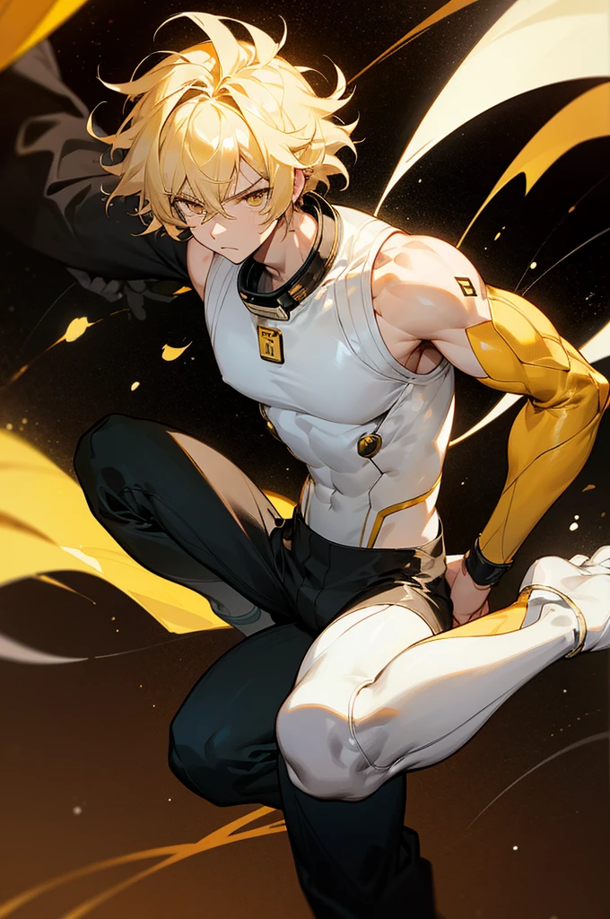 1male , Blonde Hair ,Muscular, Golden Eyes , Adult Male , Sleeveless White Bodysuit , Yellow Haori Worn Over , Baggy Black Pants , Serious Expression , Messy Styled Hair, space background