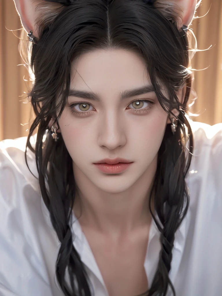 1 boy, portrait, earrings, One,lips,  male focus, golden eyes, I look at the viewer,shoulder length black shaggy hair, long hair, closed mouth, high и худой, but a muscled guy in a cage in chains. Torn white clothes. Guy 20 years old. Broad shoulders and pumped up, but skinny torso. high. Beautiful. Golden eyes with cat pupils. fluffy cat ears. Fantasy world.animal ears, fluffy cat ears, yellow eyes, short hair, Hair in front of ears, accuracy, a high resolution, masterpiece, realistic anatomy, Best quality, high quality, very detailed, 