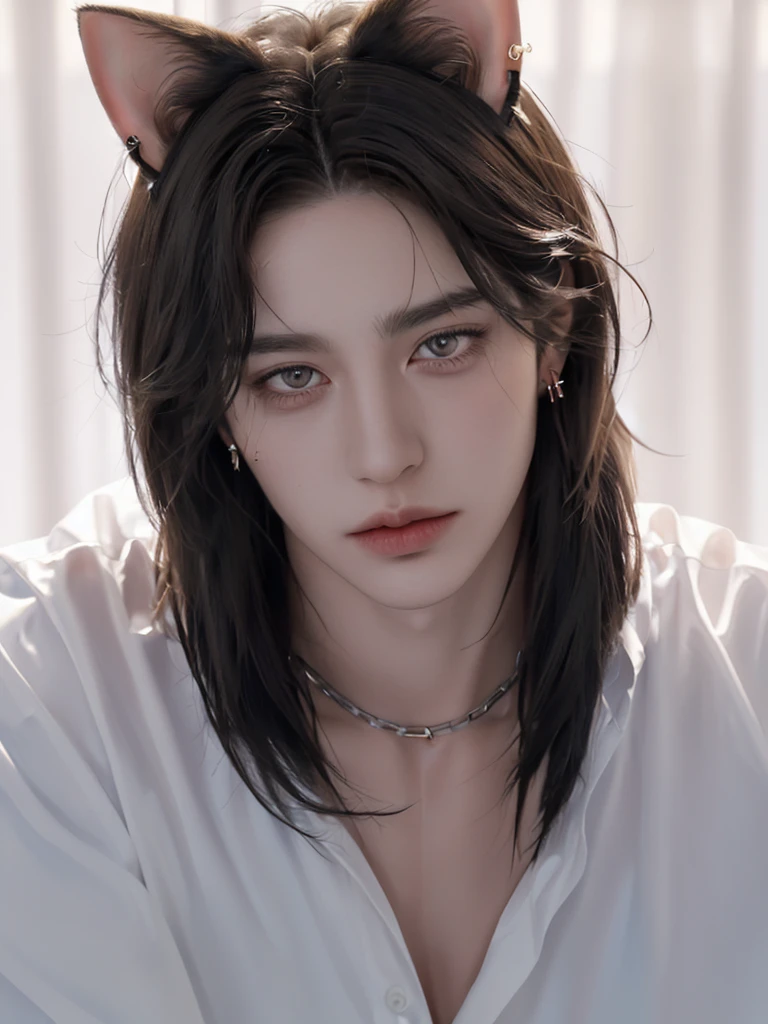 1 boy, portrait, earrings, One,lips,  male focus, golden eyes, I look at the viewer,shoulder length black shaggy hair, long hair, closed mouth, high и худой, but a muscled guy in a cage in chains. Torn white clothes. Guy 20 years old. Broad shoulders and pumped up, but skinny torso. high. Beautiful. Golden eyes with cat pupils. fluffy cat ears. Fantasy world.animal ears, fluffy cat ears, yellow eyes, short hair, Hair in front of ears, accuracy, a high resolution, masterpiece, realistic anatomy, Best quality, high quality, very detailed, 
