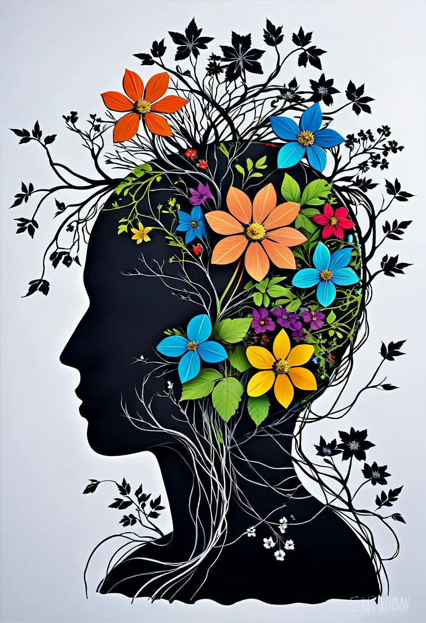 a silhouette of the outline of the brain blooming with vines and flowers by (tim burton:1.002) , rich detail, floral brain, vegetation, leave and blossoms, anatomy, vibrant, acrylc painting, wide brush strokes, colorful, (miyazaki style:0.7), colourful, autumn colors. positive vibes. (erin hansen style:1.2),((bw:-1.5), fair skin:1.3, bones:-1, dark background, light skin