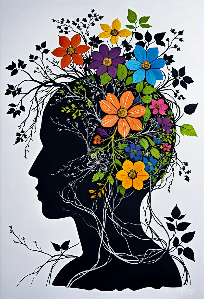 a silhouette of the outline of the brain blooming with vines and flowers by (tim burton:1.002) , rich detail, floral brain, vegetation, leave and blossoms, anatomy, vibrant, acrylc painting, wide brush strokes, colorful, (miyazaki style:0.7), colourful, autumn colors. positive vibes. (erin hansen style:1.2),((bw:-1.5), fair skin:1.3, bones:-1, dark background, light skin