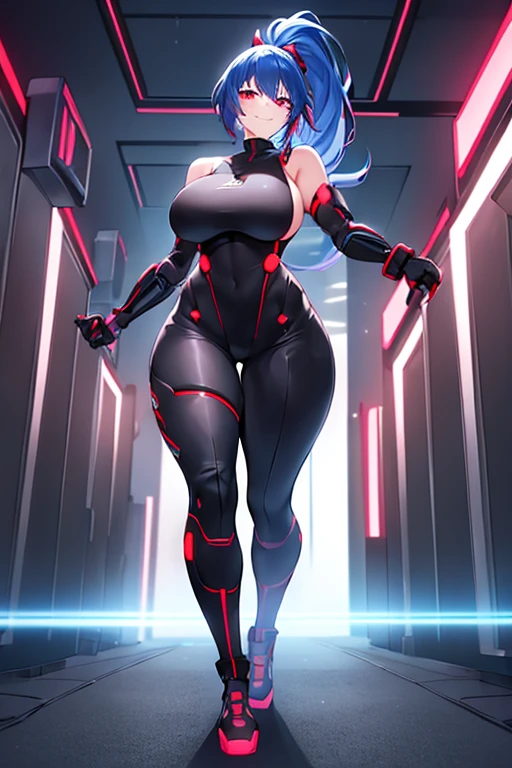 1girl, red eyes, blue hair, short hair, ponytail, large breasts, hourglass figure, bodysuit, black bodysuit, neon, neon trim, machinery, tech, science-fiction, futuristic, smile, standing, full body, ((full body)), ((long ponytail)), arms down, hands down