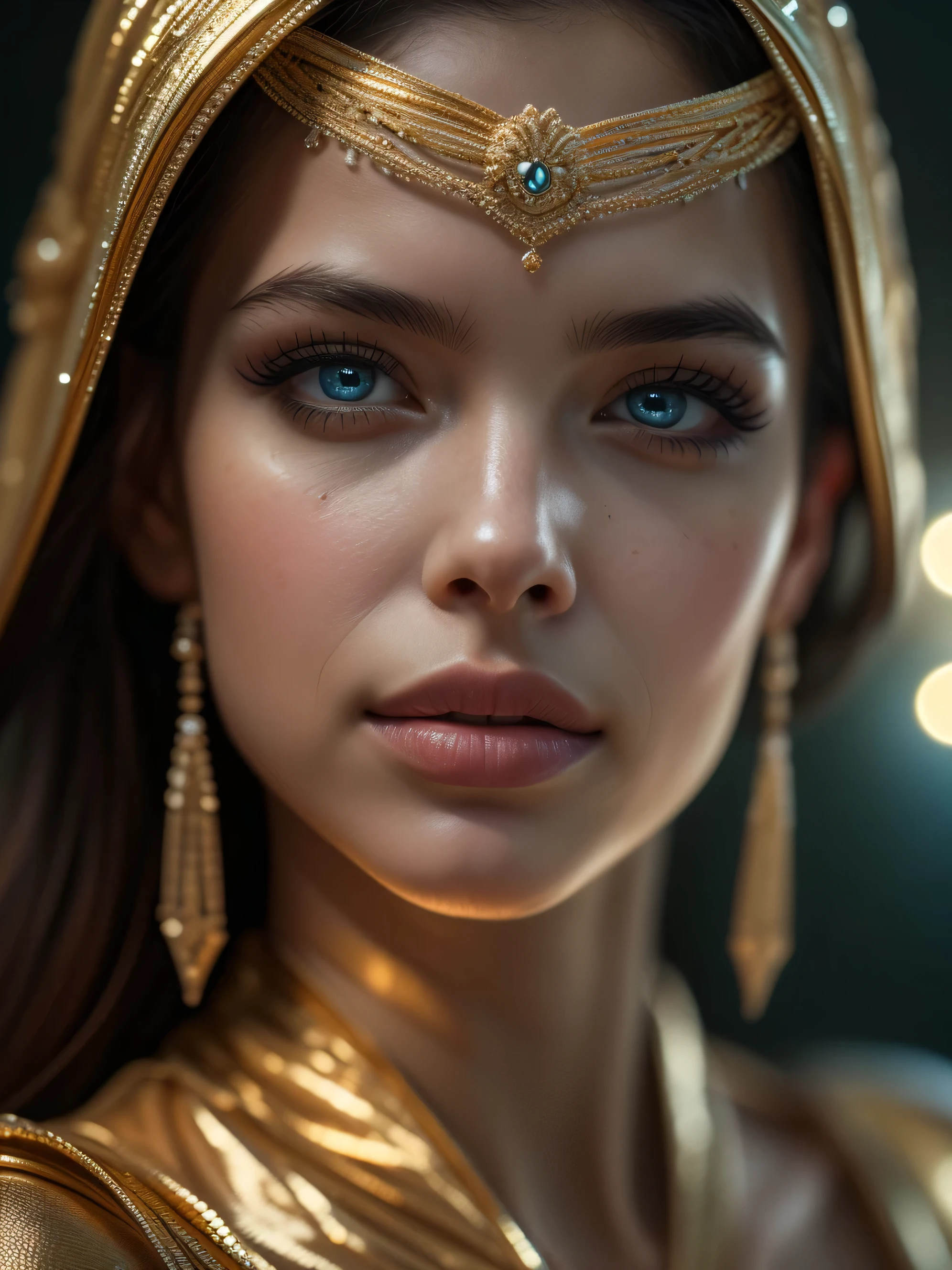 (((ultra realistic))) A close up Photo, masterpiece, top quality, (Ultra detailed face and eyes:1.3),1 divine goddess, 1 african girl, looking from side, astonishing beauty, ultra beautiful cat eye makeup, seductive smile, seductive queen, (special attention to skin detail: 1.2),  Ultra detailed eyes, Erotic atmosphere, beautiful golden flowy hair, strong jaw line, perfect geometry, detailed background, depth in field, sharp focus on details, intrinsic details, realistic photo