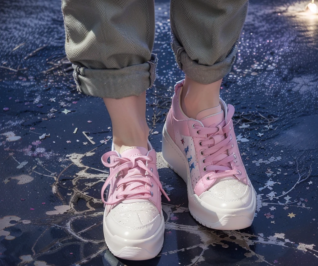 ((Highest quality,masterpiece,Extremely complex and exquisite details,White high-heeled shoes,Pink flannel texture thick-soled sneakers,white shoelaces,Consistent shoes,Correct anatomy)),starry sky galaxy background