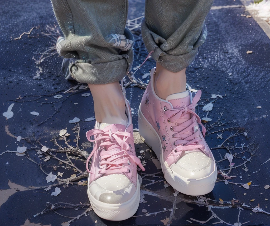 ((Highest quality,masterpiece,Extremely complex and exquisite details,White high-heeled shoes,Pink flannel texture thick-soled sneakers,white shoelaces,Consistent shoes,Correct anatomy)),starry sky galaxy background