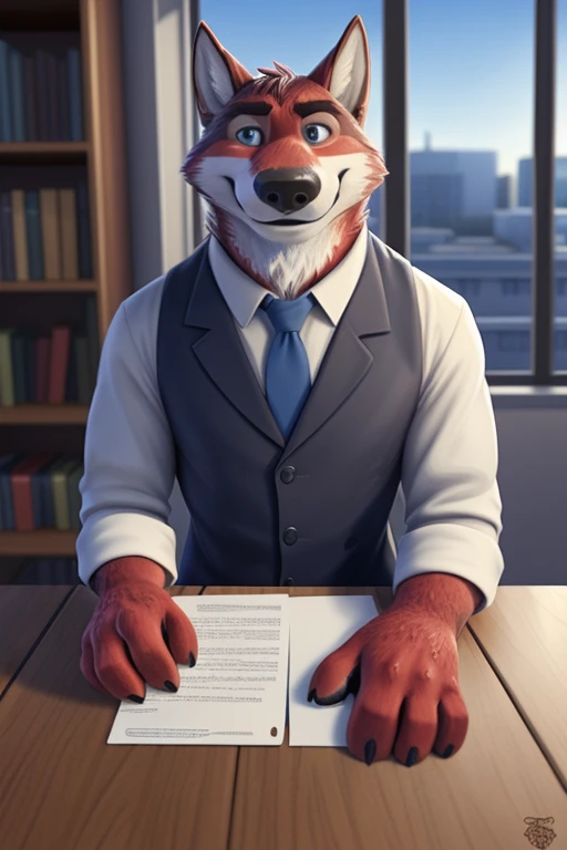 Ivan Fedorovich Wolfbach (Novosibirsk) ,tall handsome, muscular male, wolf,young, 24 years, brown fur,Kind,(red body:1.3),beautiful blue eyes,Novosibirsk,dressed, shirt, tie, trousers, bulge, wolf, detailed fur, male,paw pads, finger claws,At the viewer, 5 fingers, paws, 5 fingers, smile, wrist watch, т nextel,by xenoforge, (difficult, high detail, digital photography, soft focus, RAW variety вкдущий передачи,Very close to the camera, variety,Novosibirsk, smile, good mood, positive, Very close to the camera, is sitting, poet of books, is sitting за компьютером столом, apartment, writes documents, view of the airfield, 
Photorealism, realistic, digital style, Subsurface scattering,I look at the viewer,smdit writes a book, a glass of water, handle, paper, 
masterpiece, Best quality, ultra realistic, 8 thousand.) 