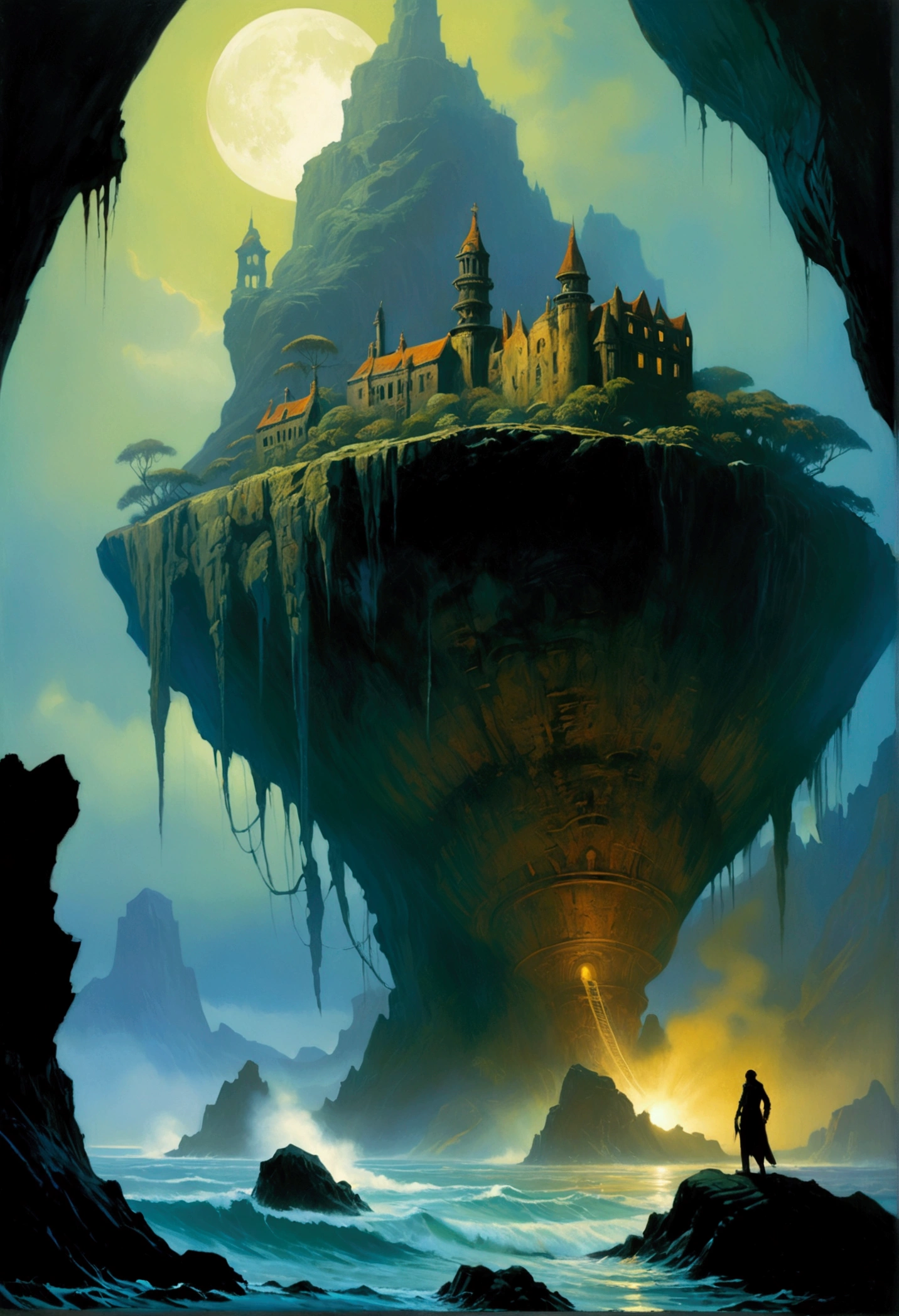 Mysterious Island, Mysterious atmosphere, exaggerate lighting, by Tang Yau Hoong, cinematic still, (best quality, masterpiece), very aesthetic, perfect composition, intricate details, ultra-detailed, vivid colors