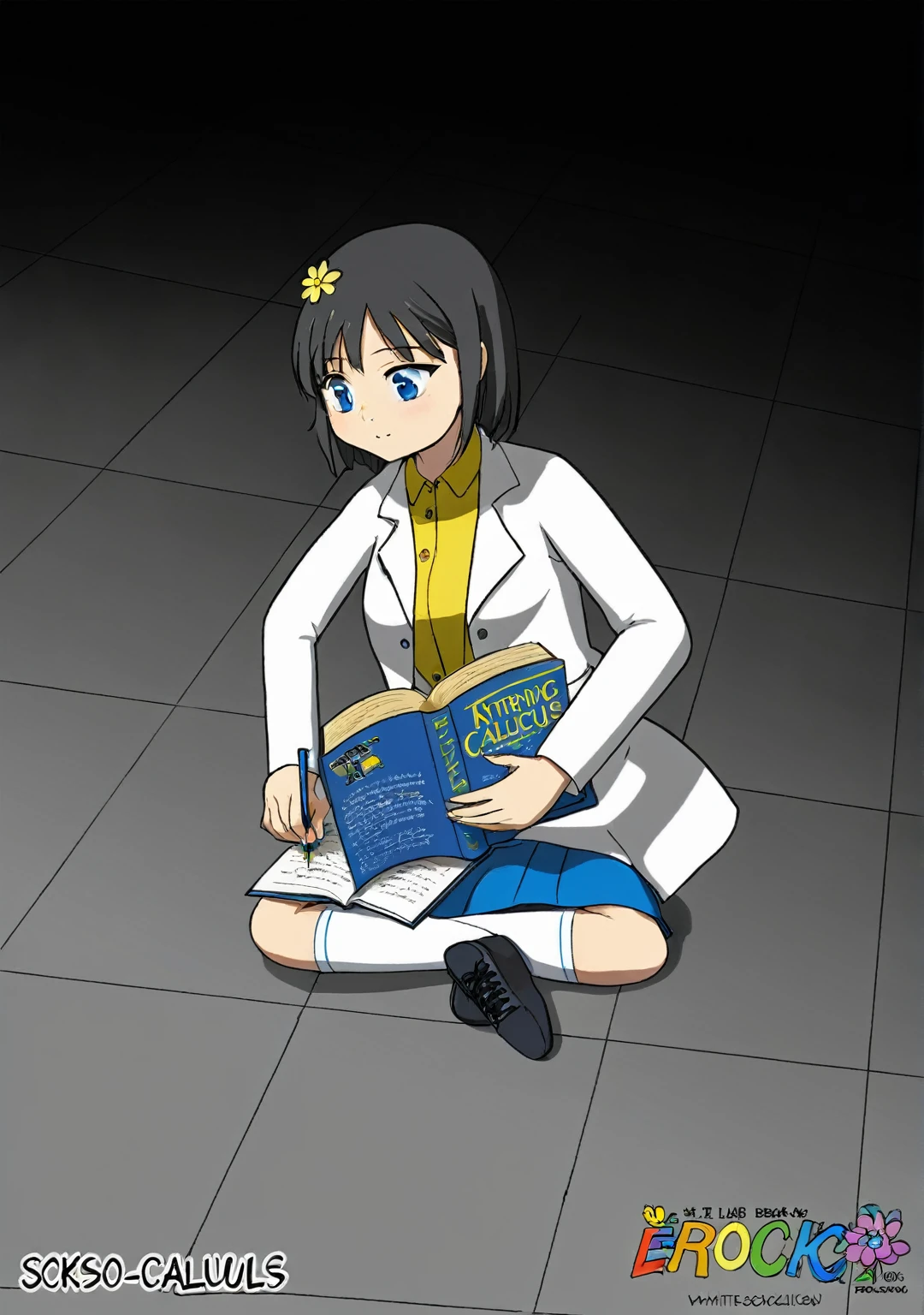 Girl, dark hair, blue eyes, flower hairpin, white lab coat, yellow shirt, blue skirt, black shoes, white socks, dark blue calculus book,writing,studying on the floor, half dark room