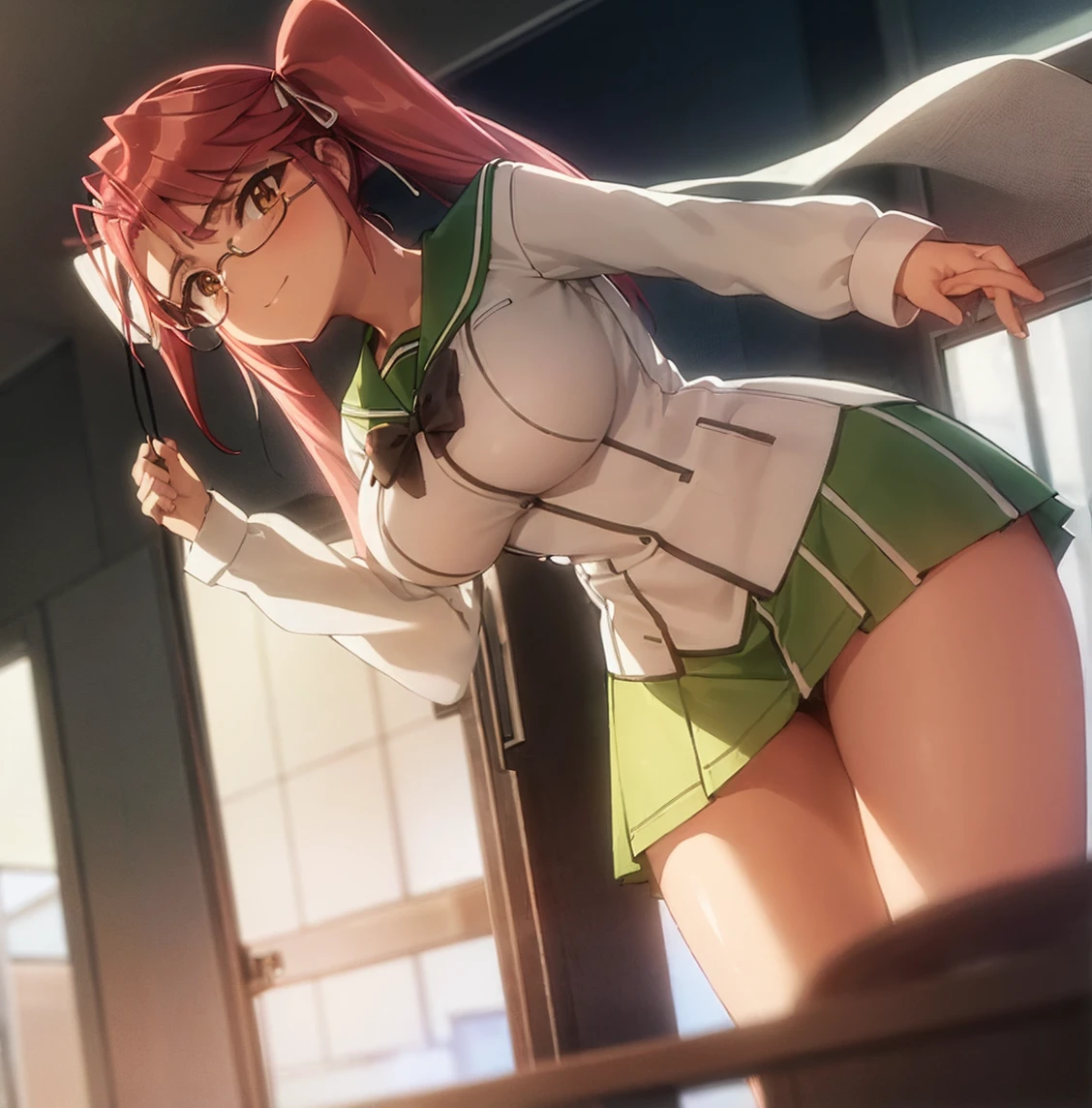 ((1girl)),((alone)),takagi saya,(masterpiece), (best quality), (ultra detailed), (best illustration), (best shadow), (absurdities), sharp focus, cowboy photo , looking at viewer, big breasts, narrow waist, wide hips, medium thighs, round butt, dynamic posture, pink hair, two pigtails, glasses, , green sailor collar, black bow tie, white shirt, long sleeves, pleated skirt, green skirt, short skirt, black calf-length stockings, brown loafers , long hair, skirt, serafuku, brown eyes, ribbon, yellow eyes, seductive smile, closed mouth, (sexy pose: 1.2), alone, standing: 1.3, interior, school, classroom, seats, desk, window, sunset, looking forward ((focus on thighs)), point of view (from below), red blush, perfect anatomy, perfect hands