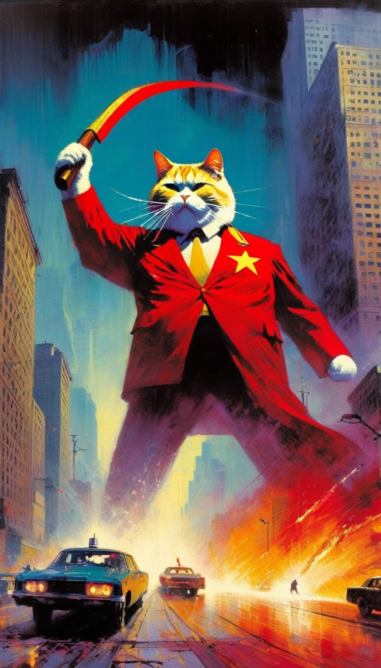 a giant communist cat destroys a city (art inspired in Bill Sienkiewicz). oil painting)