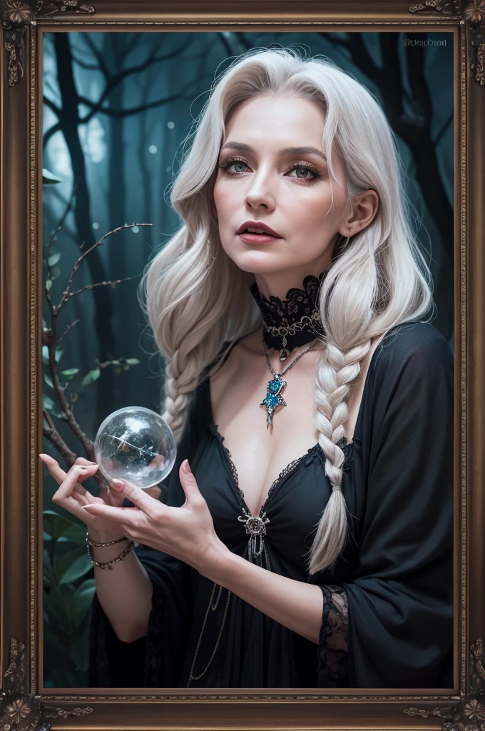 Old witch wearing a showy neckline with a frame reading Baba Yaga