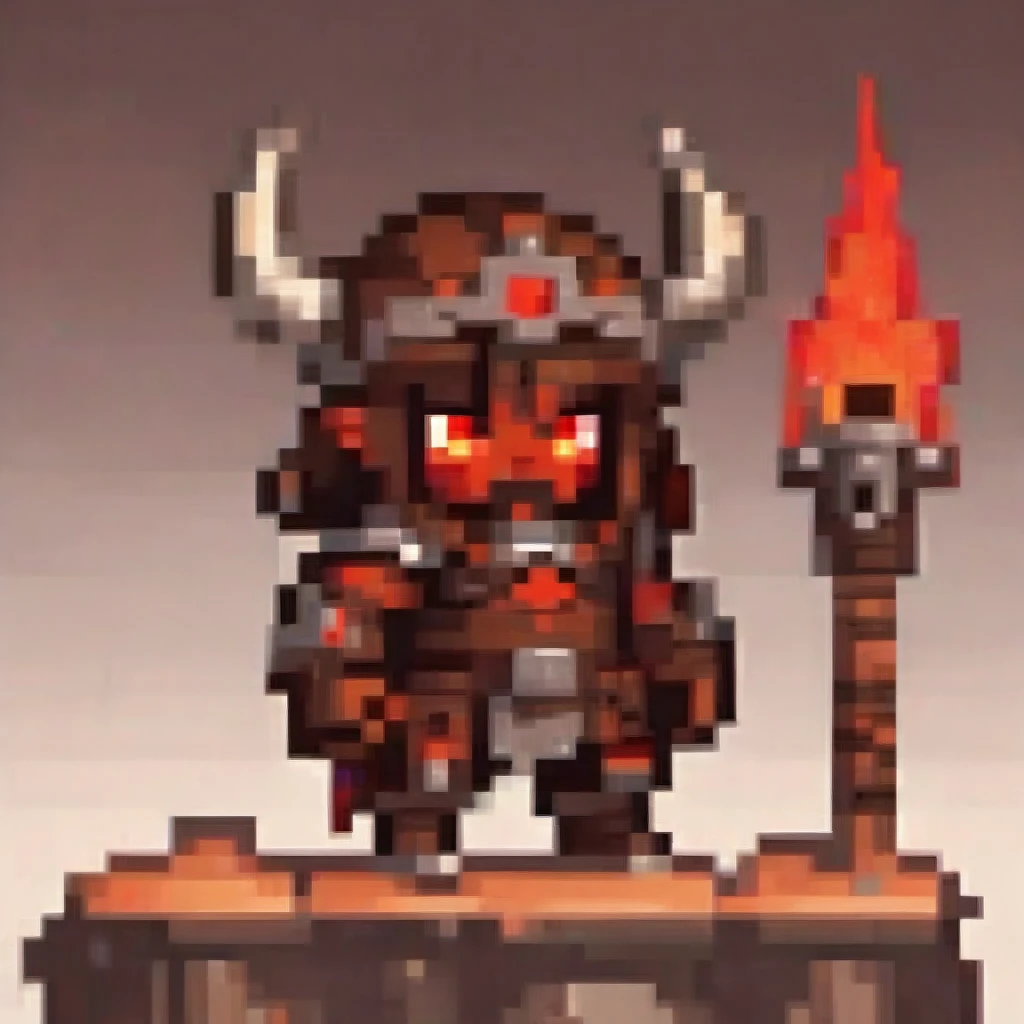  A chibi male character in rugged brown and red barbarian armor from a tribal fantasy, wielding a large glowing club. He has bear ears and a mane, glowing red eyes, and thick ram horns. The club glows with an earth elemental effect, and he is in a dynamic roaring pose. The scene features cinematic lighting and moody colors, in a detailed digital art, concept art style.