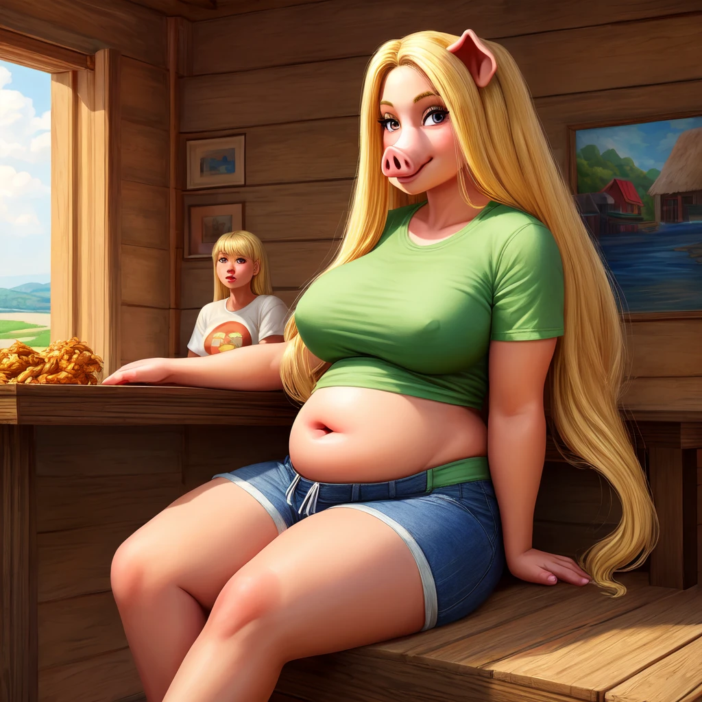 ((Best quality)), ((masterpiece)), (detailed), pig, pig girl, furry pig, big body, большой body, is sitting, smooth belly, shorts, серые shorts, T-shirt, View from afar, long hair, blonde hair, Beautiful face, thin face, cheekbones face,milf, age 45