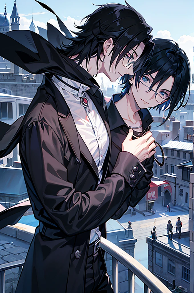 young man, magician, long black hair, blue eyes, wears glasses, wears black magician clothes, hair like Sasuke Uchiha's, cold personality. Manly, medieval city background, adventurous magician.