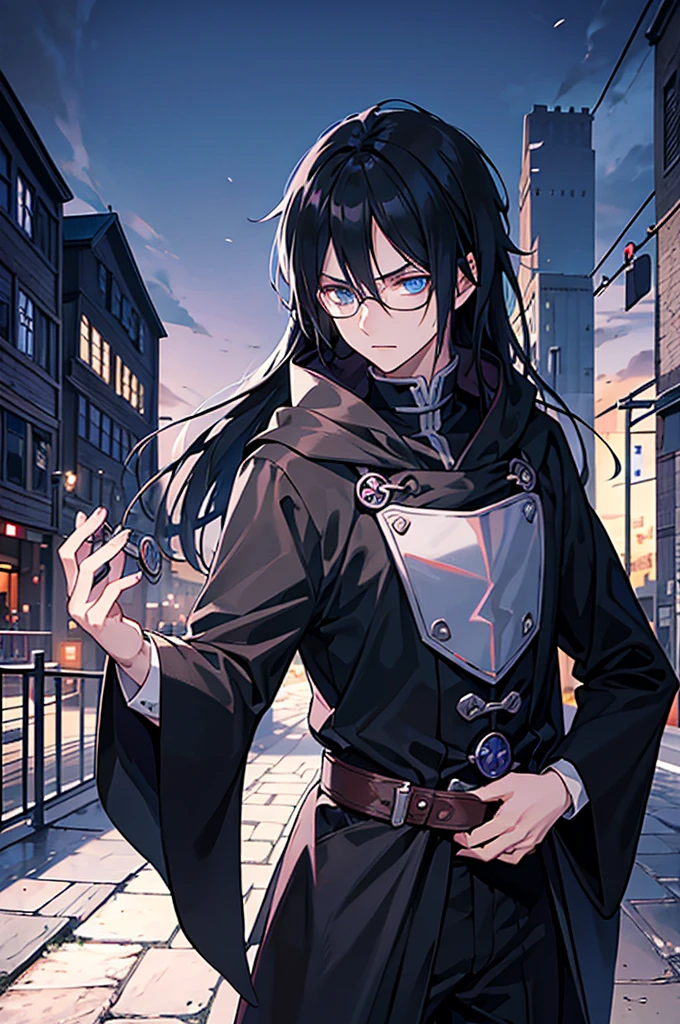 young man, magician, long black hair, blue eyes, wears glasses, wears black magician clothes, hair like Sasuke Uchiha's, cold personality. Manly, medieval city background, adventurous magician.
