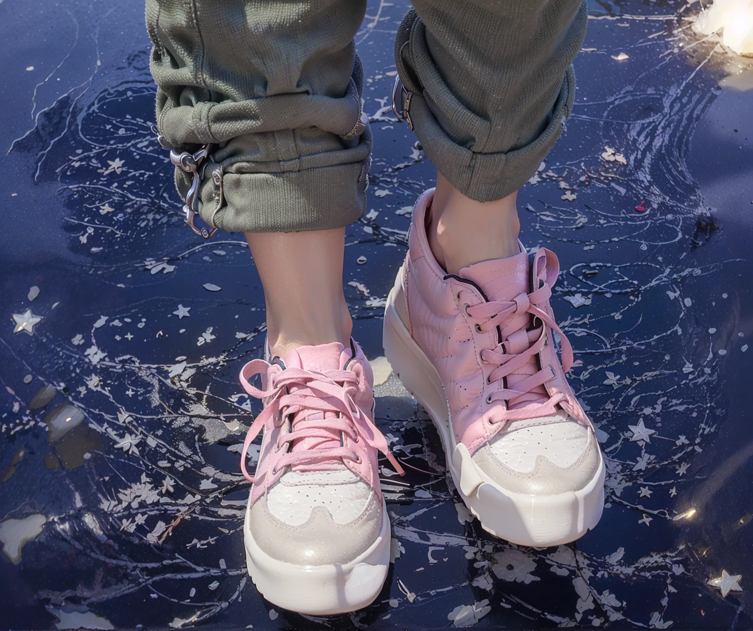 ((Highest quality,masterpiece,Extremely complex and exquisite details,White high-heeled shoes,Pink flannel texture thick-soled sneakers,white shoelaces,Consistent shoes,Correct anatomy)),starry sky galaxy background
