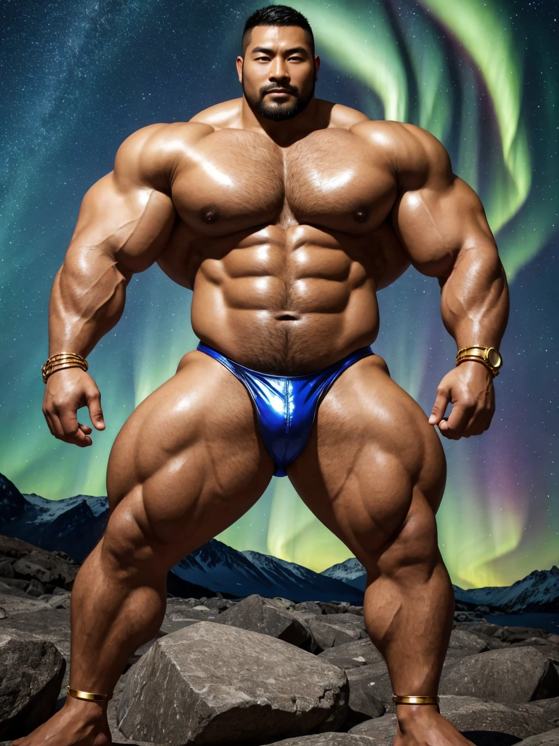 There is only one handsome Chinese man in the photo,35 years old,tall, Fitness,Smooth body,Smooth skin,No chest hair,short hair, O-Shaped Beard,Perfect body, Dark skin color,Radiant Skin,Smooth skin,Shiny, shiny skin,Smooth pectoral muscles,Muscle bulge, muscular, Very large pectoral muscles,Very sexy abdominal muscles,Very well-developed leg muscles,Huge concave and convex area,Brightens oily skin,Wearing a shiny gold leather thong,Handsome face,Normal human toes,Correct and accurate male body proportions,Gold Collar,Gold bracelet,Gold anklets,Stand on a glacier,Night sky,A sky full of stars,There are auroras,Colorful,Charming dream scene,Epic。