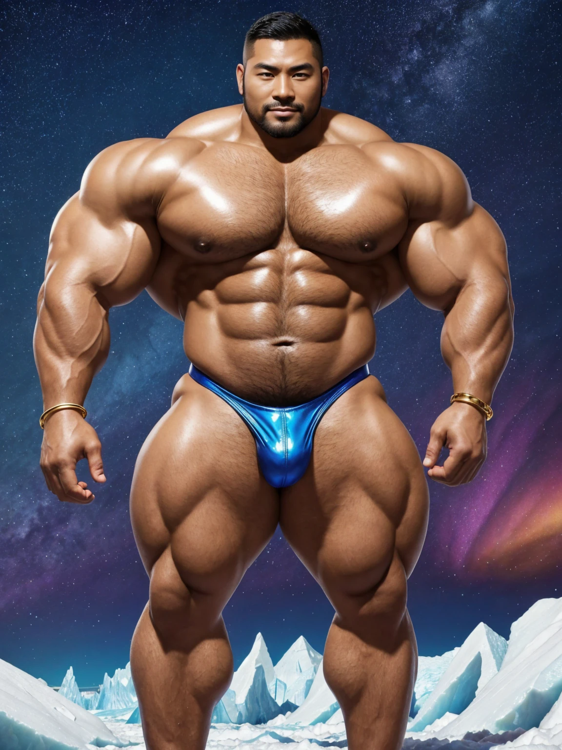 There is only one handsome Chinese man in the photo,35 years old,tall, Fitness,Smooth body,Smooth skin,No chest hair,short hair, O-Shaped Beard,Perfect body, Dark skin color,Radiant Skin,Smooth skin,Shiny, shiny skin,Smooth pectoral muscles,Muscle bulge, muscular, Very large pectoral muscles,Very sexy abdominal muscles,Very well-developed leg muscles,Huge concave and convex area,Brightens oily skin,Wearing a shiny gold leather thong,Handsome face,Normal human toes,Correct and accurate male body proportions,Gold Collar,Gold bracelet,Gold anklets,Stand on a glacier,Night sky,A sky full of stars,There are auroras,Colorful,Charming dream scene,Epic。