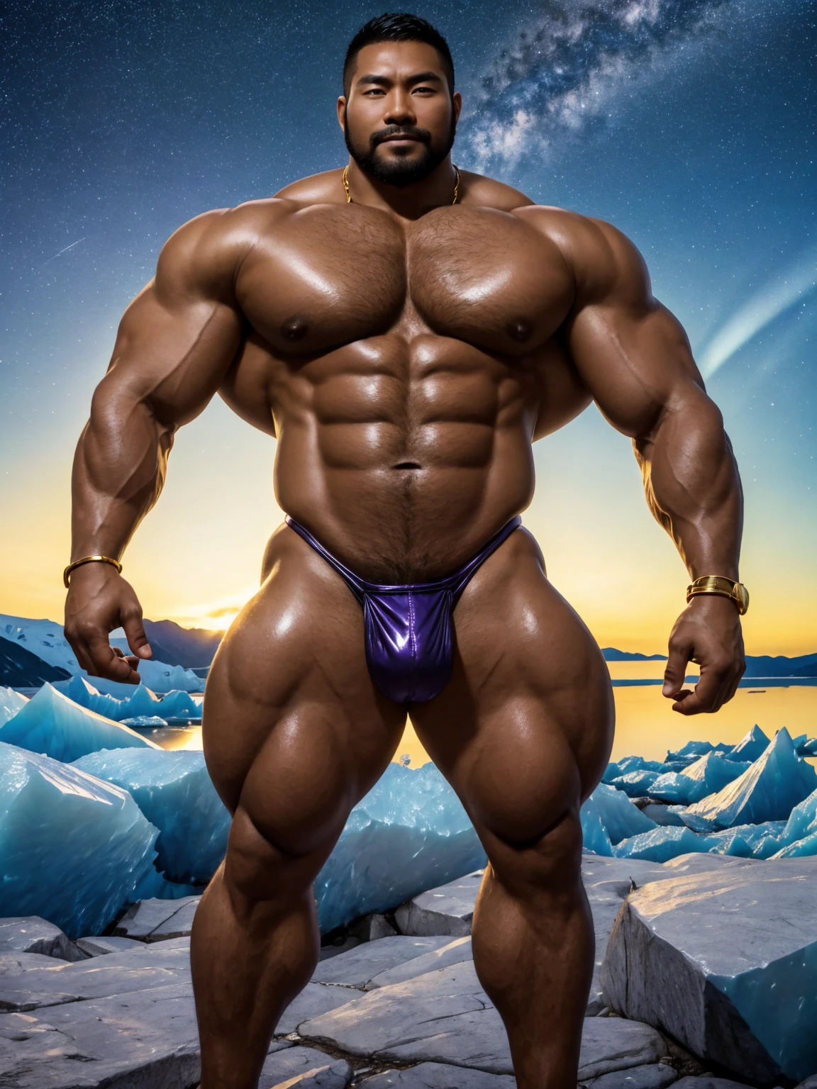 There is only one handsome Chinese man in the photo,35 years old,tall, Fitness,Smooth body,Smooth skin,No chest hair,short hair, O-Shaped Beard,Perfect body, Dark skin color,Radiant Skin,Smooth skin,Shiny, shiny skin,Smooth pectoral muscles,Muscle bulge, muscular, Very large pectoral muscles,Very sexy abdominal muscles,Very well-developed leg muscles,Huge concave and convex area,Brightens oily skin,Wearing a shiny gold leather thong,Handsome face,Normal human toes,Correct and accurate male body proportions,Gold Collar,Gold bracelet,Gold anklets,Stand on a glacier,Night sky,A sky full of stars,There are auroras,Colorful,Charming dream scene,Epic。