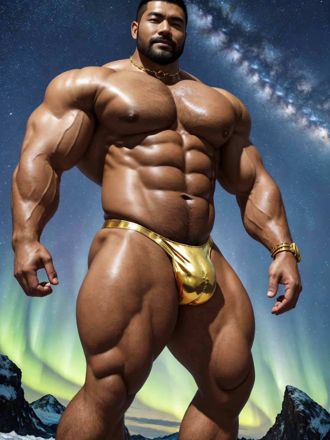 There is only one handsome Chinese man in the photo,35 years old,tall, Fitness,Smooth body,Smooth skin,No chest hair,short hair, O-Shaped Beard,Perfect body, Dark skin color,Radiant Skin,Smooth skin,Shiny, shiny skin,Smooth pectoral muscles,Muscle bulge, muscular, Very large pectoral muscles,Very sexy abdominal muscles,Very well-developed leg muscles,Huge concave and convex area,Brightens oily skin,Wearing a shiny gold leather thong,Handsome face,Normal human toes,Correct and accurate male body proportions,Gold Collar,Gold bracelet,Gold anklets,Stand on a glacier,Night sky,A sky full of stars,There are auroras,Colorful,Charming dream scene,Epic。