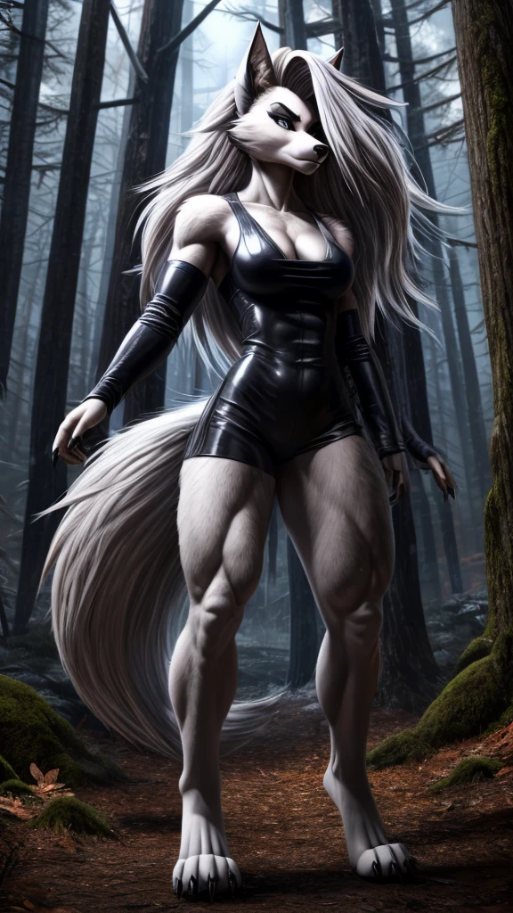 Loona from Helluva Boss, female werewolf, anthro, white long messy hair, grey eyes, tall, muscular, massive female, leather onepiece, broken restraints, forest, standing, cold serious, detailed, solo, beautiful, high quality, 4K