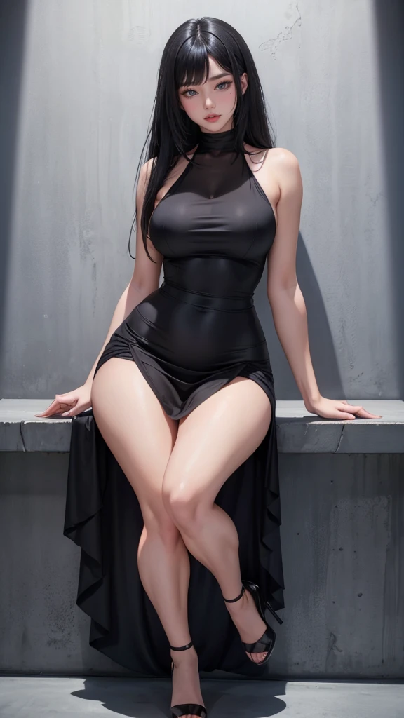 wide hips, attractive long legs, wedge heels,  beautiful eyes, Beautiful whole body, small breasts, short silk dress underwear, a tempting look, Abs, Plump body shape, black hair, red eyes, full body, Bewitching pose, thick calves, Slightly parted lips, Blank Eyes