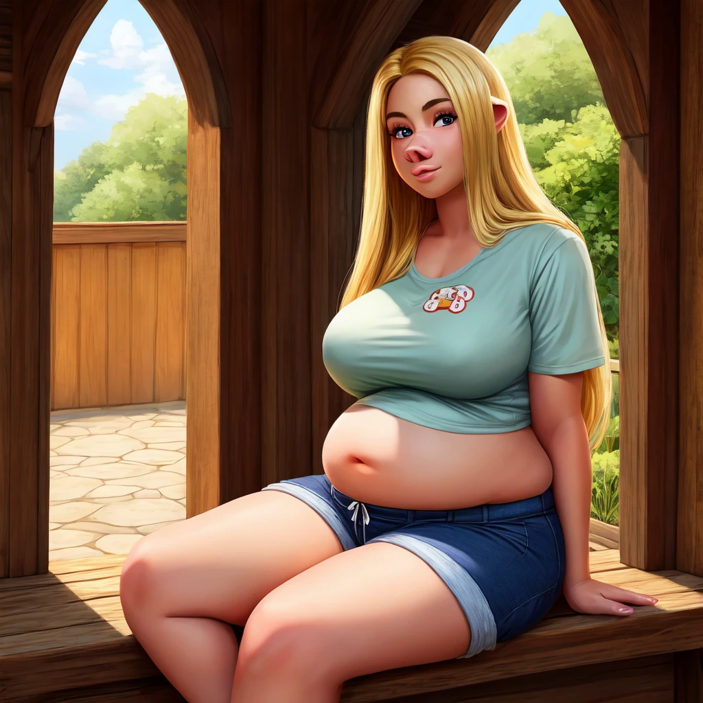 ((Best quality)), ((masterpiece)), (detailed), pig, pig girl, furry pig, big body, большой body, is sitting, smooth belly, shorts, серые shorts, T-shirt, View from afar, long hair, blonde hair, Beautiful face, thin face, cheekbones face,milf, Age 35, voluminous hair 
