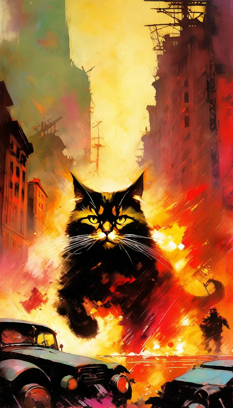 a giant communist cat destroys a city (art inspired in Bill Sienkiewicz). oil painting)
