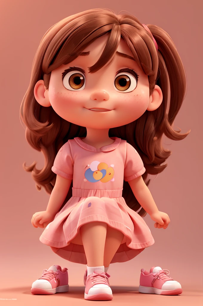 A 4 year old girl, fair skin, rectangular face, big brown eyes, long light brown hair with bangs, round medium cheeks, small nose, pink dress, sitting, red sneakers, pixar style, 3D, detailed face, 16k, asymmetrical, transparent background