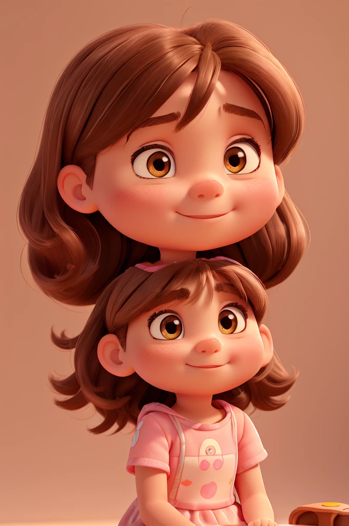 A 4  girl, fair skin, rectangular face, big brown eyes, long light brown hair with bangs, round medium cheeks, small nose, pink dress, sitting, red sneakers, pixar style, 3D, detailed face, 16k, asymmetrical, transparent background