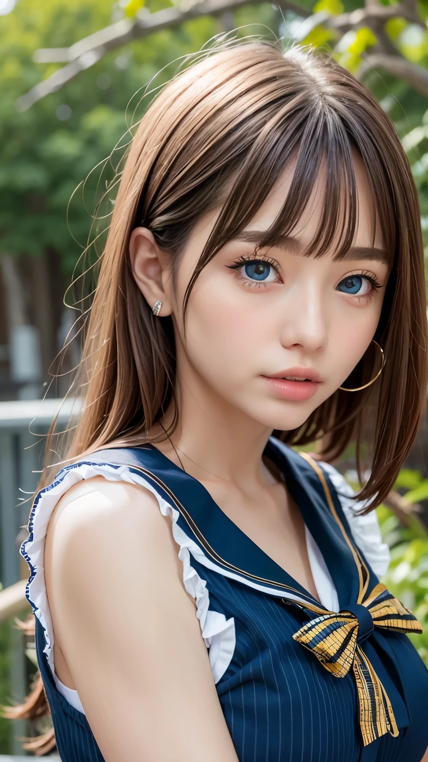 Sailor suit、、A beautiful girl in the world、Glowing Skin、sparkle on the cheeks、Bangs between the eyes、光沢のあるシルクと非常に長くてまっすぐなbeautiful天然ブロンド、eyeliner、Sexy and beautiful 35 years old、High resolution, big, beautiful, bright light blue eyes、Beautiful and bright girl、sharp、