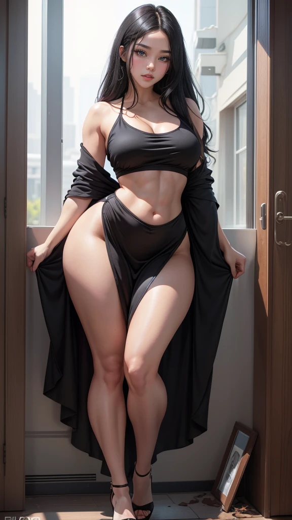 wide hips, attractive long legs, wedge heels,  beautiful eyes, Beautiful whole body, small breasts, short silk dress underwear, a tempting look, Abs, Plump body shape, black hair, red eyes, full body, Bewitching pose, thick calves, Slightly parted lips, Blank Eyes