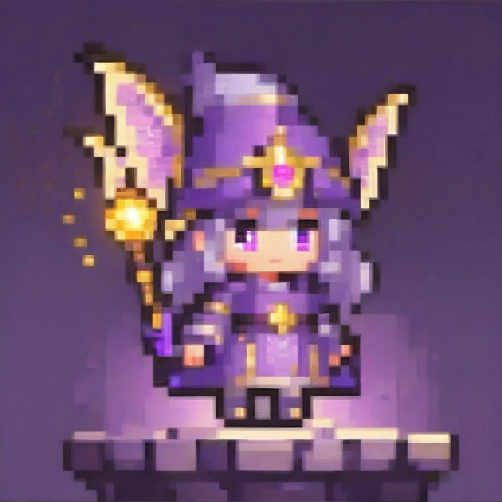  A chibi female character in elegant purple and gold enchantress attire from a mystical fantasy, holding a glowing wand. She has butterfly wings and a tail, glowing violet eyes, and small dragon-like horns. The wand emits a magical light effect, and she is in a dynamic spell-casting pose. The artwork features cinematic lighting and moody colors, in a digital art, concept art style.