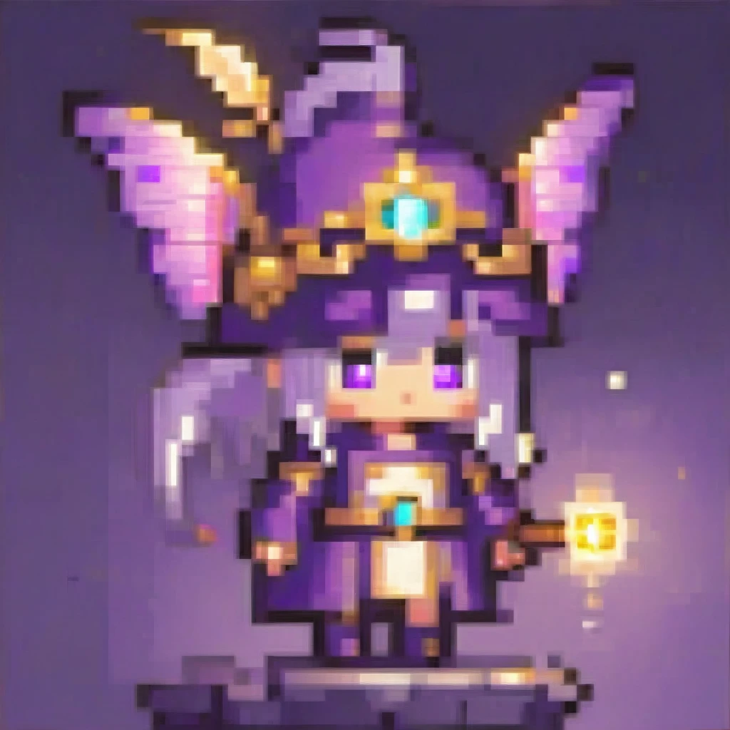  A chibi female character in elegant purple and gold enchantress attire from a mystical fantasy, holding a glowing wand. She has butterfly wings and a tail, glowing violet eyes, and small dragon-like horns. The wand emits a magical light effect, and she is in a dynamic spell-casting pose. The artwork features cinematic lighting and moody colors, in a digital art, concept art style.