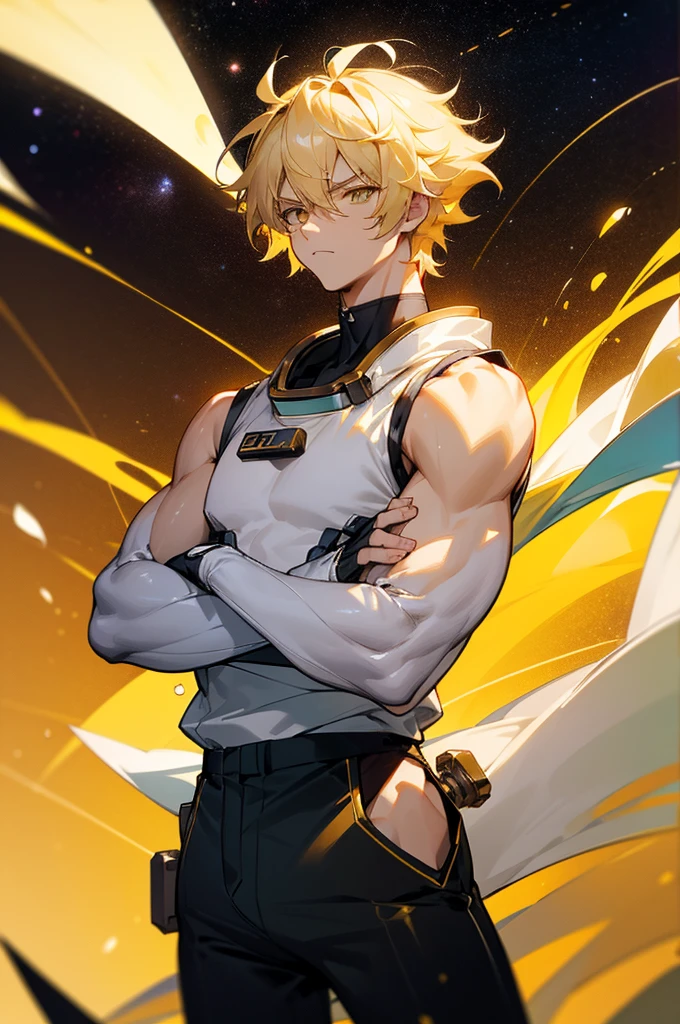 1male , Blonde Hair ,Muscular, Golden Eyes , Adult Male , Sleeveless White Bodysuit , Yellow Haori Worn Over , Baggy Black Pants , Serious Expression , Messy Styled Hair, space background, mature male, arms in pockets, cowboy shot, upper body