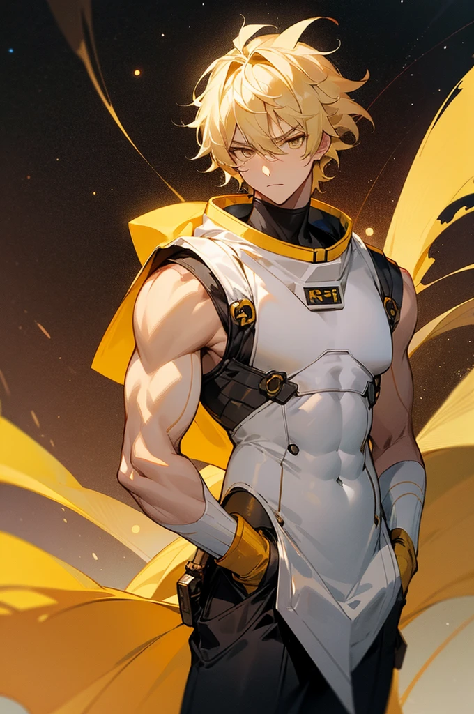 1male , Blonde Hair ,Muscular, Golden Eyes , Adult Male , Sleeveless White Bodysuit , Yellow Haori Worn Over , Baggy Black Pants , Serious Expression , Messy Styled Hair, space background, mature male, arms in pockets, cowboy shot, upper body