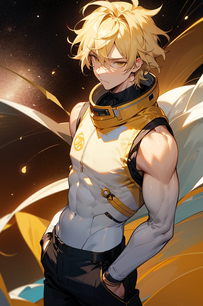 1male , Blonde Hair ,Muscular, Golden Eyes , Adult Male , Sleeveless White Bodysuit , Yellow Haori Worn Over , Baggy Black Pants , Serious Expression , Messy Styled Hair, space background, mature male, arms in pockets, cowboy shot, upper body