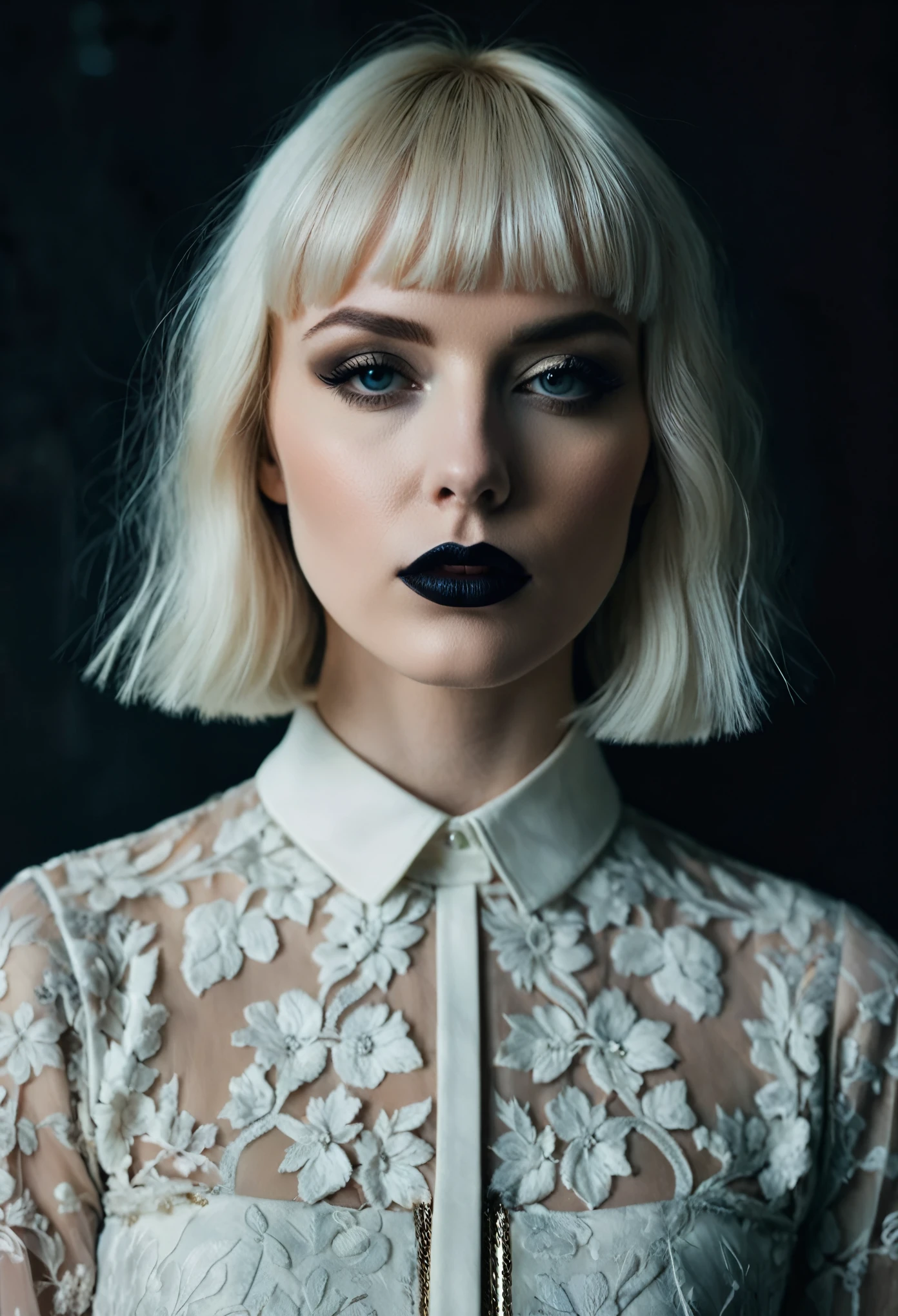 ((Master piece, very realistic, best quality, highly detailed, Frontal view, DELICATE, PORTRAIT, WOMAN 36yo, AESTHETIC)) shallow depth of field, realism, photography, good proportions, narrow depth of field, tilt shift look, bokeh, anamorphic look, cinematic, dark and moody, ((a pale white complexion MODE with short WHITE color hair and bangs and smokey eye makeup, BLACK lips)), wearing black fashion designed by Rick Owens, a dark photograph by Tim Walker and Tom Hoops and Matt Mahurin, a dark liminal space, a desolate seedy hotel room with peeling wallpaper and black painted walls, symbolism, primordial fluids, uneasy feeling, dark occult imagery, melancholic ((very aesthetic))