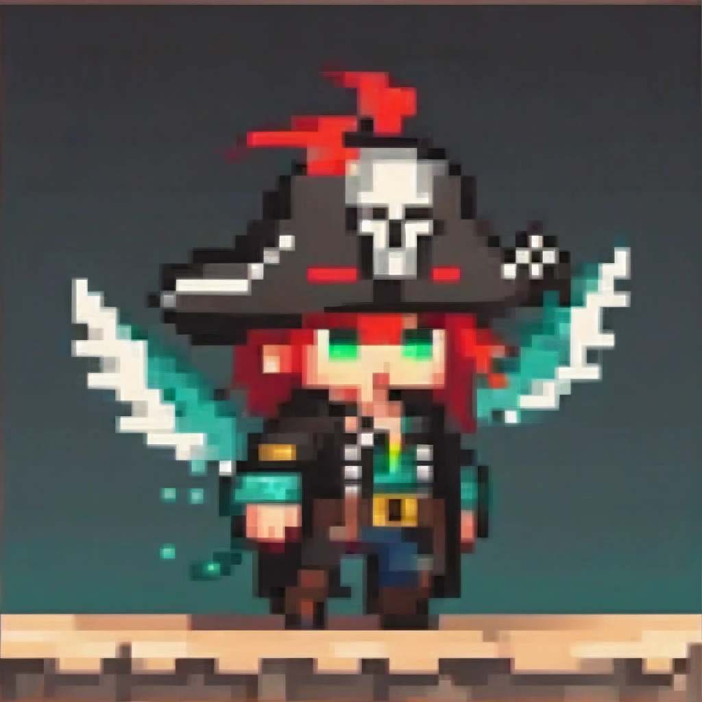  A chibi male character in rugged red and black pirate attire from a seafaring fantasy, wielding a glowing cutlass. He has parrot wings and feathers, glowing emerald eyes, and curved horns. The cutlass glows with a water elemental effect, and he is in a dynamic swashbuckling pose. The scene features cinematic lighting and moody colors, in a detailed digital art, concept art style.