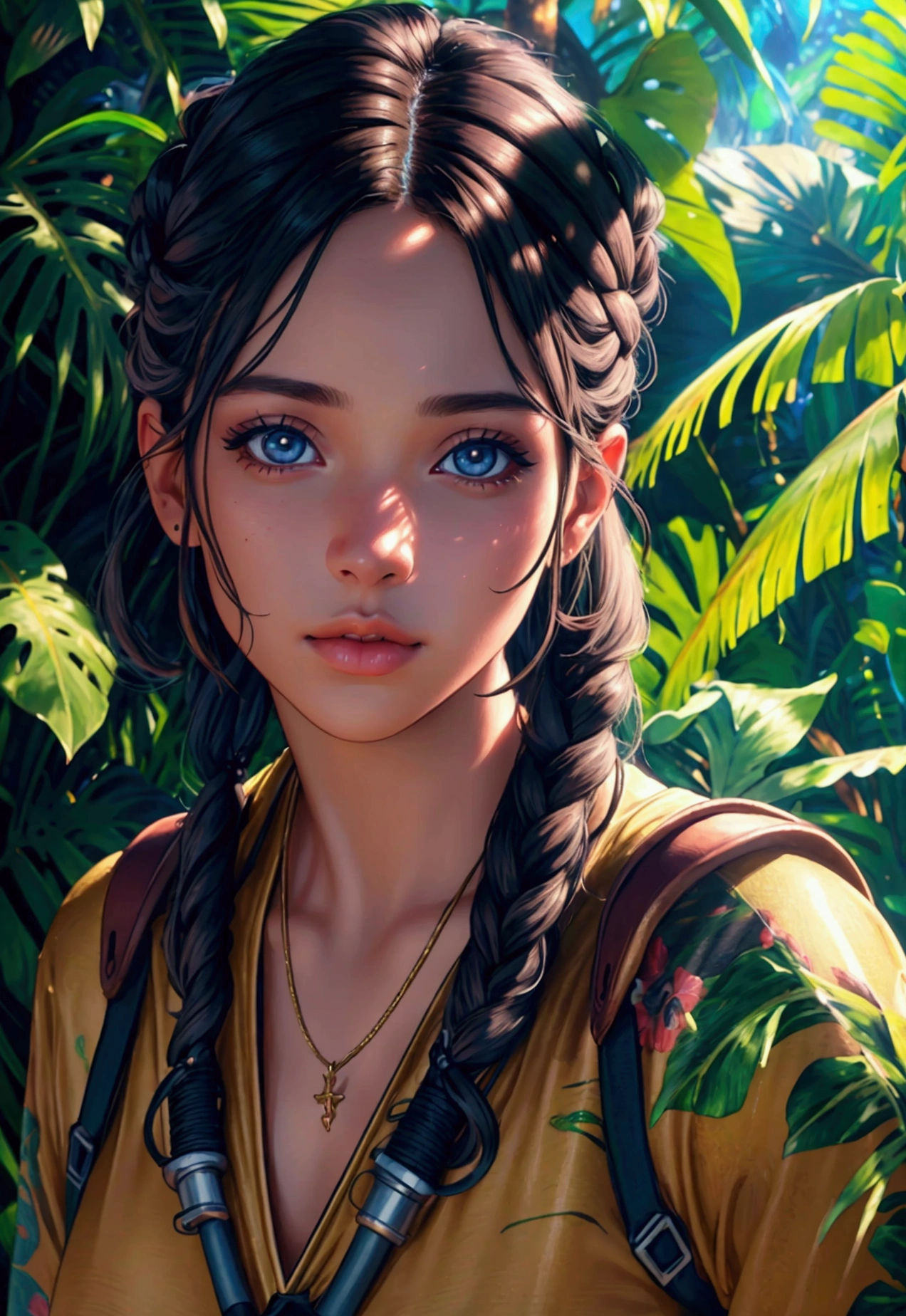 a young female explorer on a tropical island, detailed portrait, beautiful detailed eyes, beautiful detailed lips, extremely detailed face, long eyelashes, adventurous expression, hiking gear, tropical foliage background, golden hour lighting, cinematic composition, vibrant colors, (best quality,4k,8k,highres,masterpiece:1.2),ultra-detailed,(realistic,photorealistic,photo-realistic:1.37),landscape,adventure