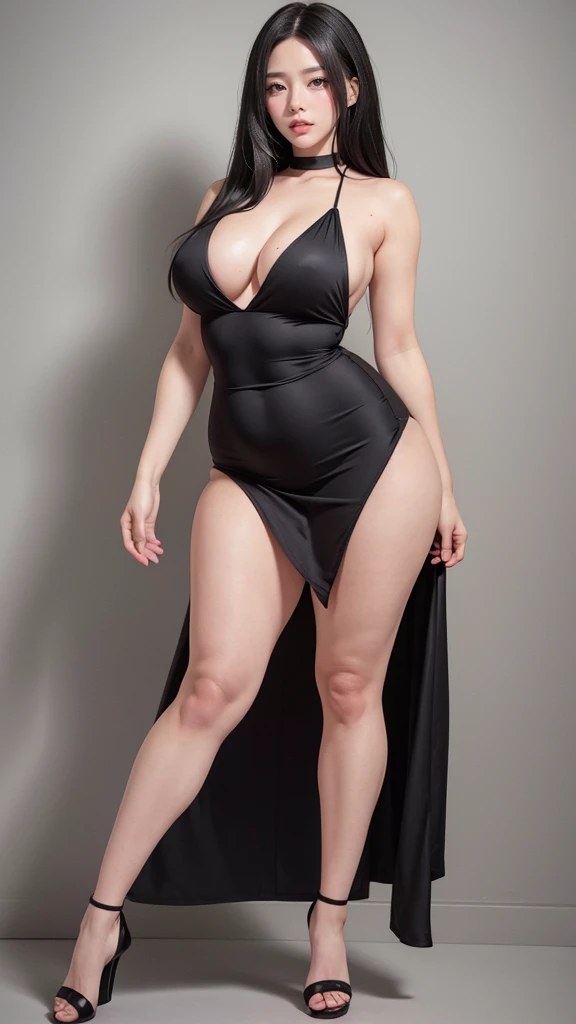 wide hips, attractive long legs, wedge heels,  beautiful eyes, Beautiful whole body, small breasts, short silk dress underwear, a tempting look, Abs, Plump body shape, black hair, red eyes, full body, Bewitching pose, thick calves, Slightly parted lips, Blank Eyes