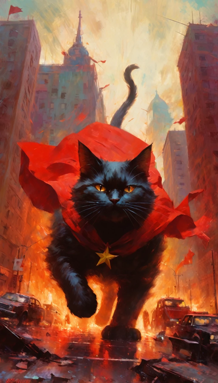 a giant communist cat destroys a city (art inspired in Bill Sienkiewicz). oil painting)
