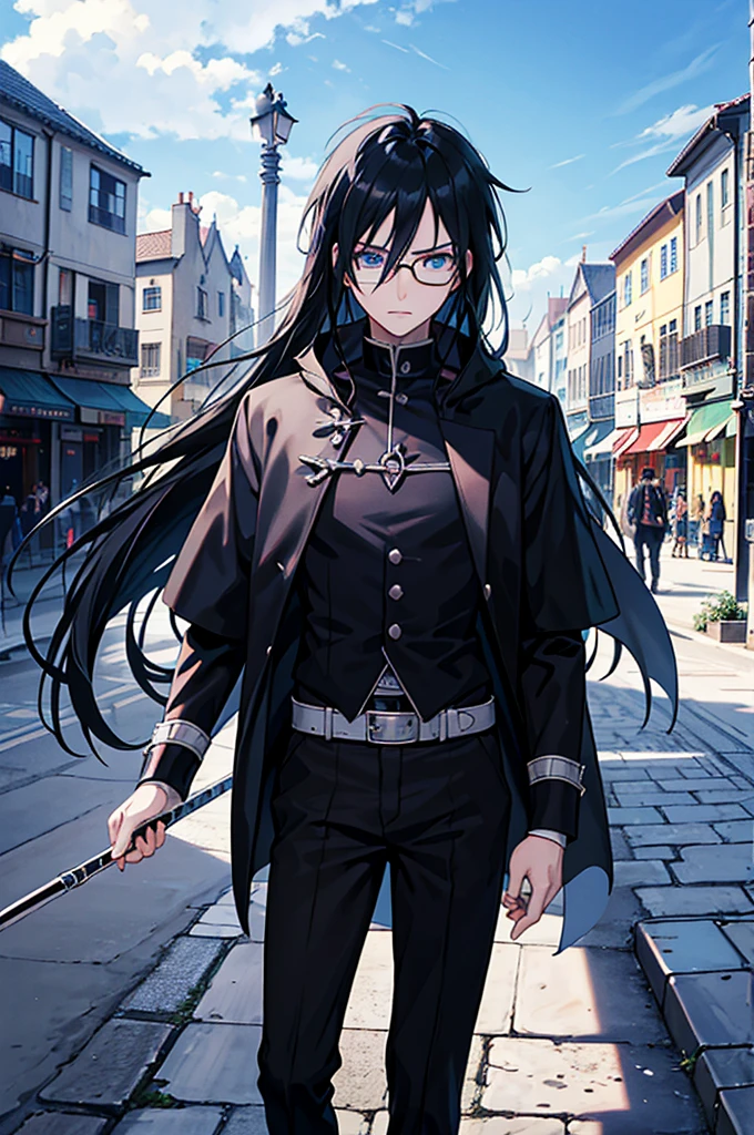 young man, magician, long black hair, blue eyes, wears glasses, wears black magician clothes, hair like Sasuke Uchiha's, cold personality. Manly, medieval city background, adventurous magician.