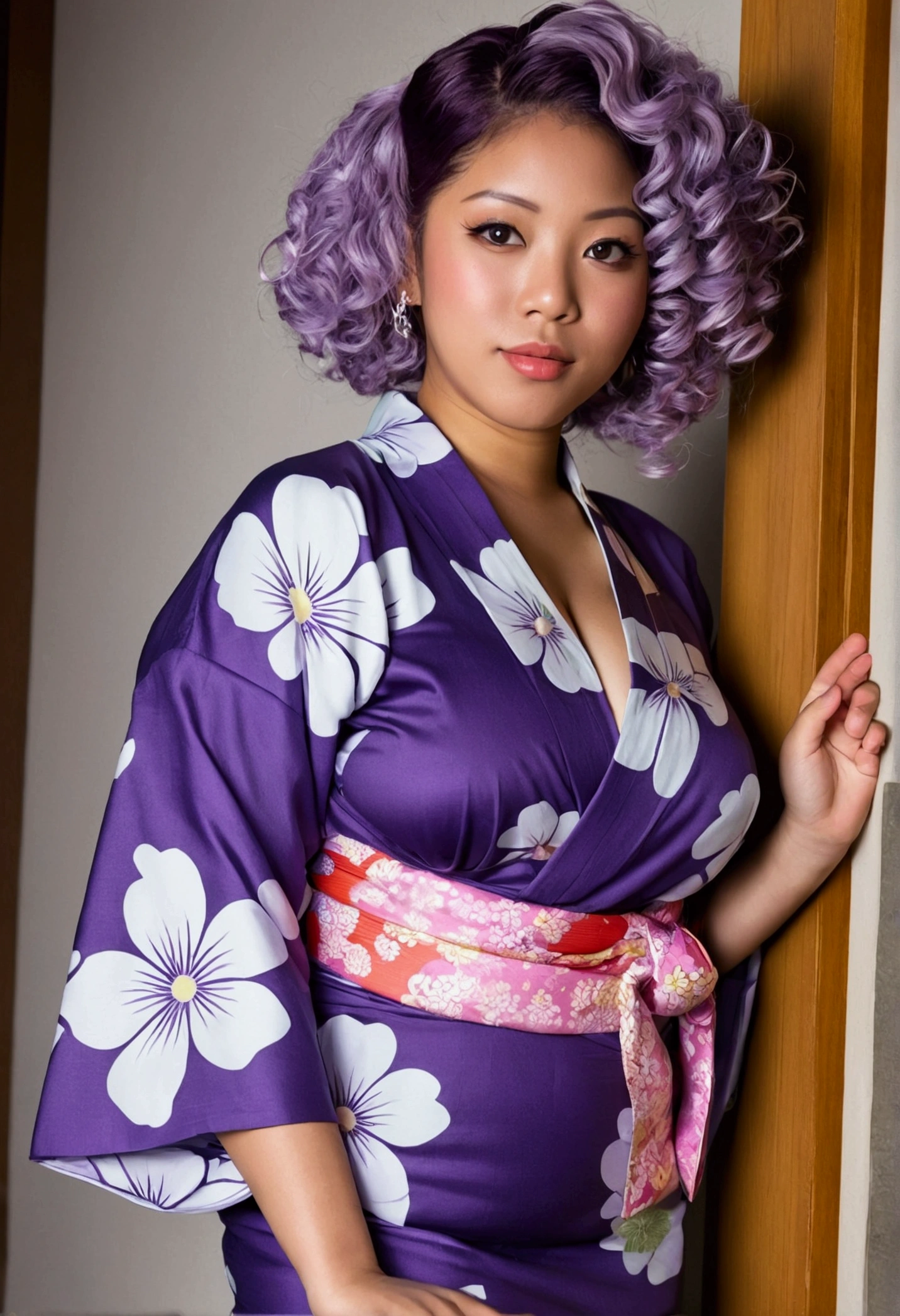 Dark-skinned woman with a yukata, very big tits and you are undressed, her ass is fat and the yukata is tight, she has curly purple hair and slanted silver eyes, full lips