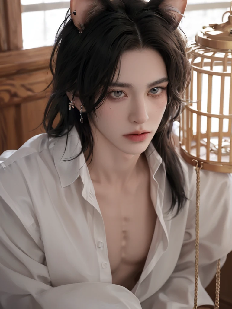 1 boy, portrait, earrings, One,lips,  male focus, green eyes, I look at the viewer,Black shaggy hair, short hair, closed mouth, tall and skinny, but a muscled guy in a cage in chains. Torn white clothes. Boy 16 years old. Beautiful. Yellow eyes with cat pupils. fluffy cat ears. Fantasy world.animal ears, fluffy cat ears, yellow eyes, short hair, Hair in front of ears, accuracy, a high resolution, masterpiece, realistic anatomy, Best quality, high quality, very detailed, 