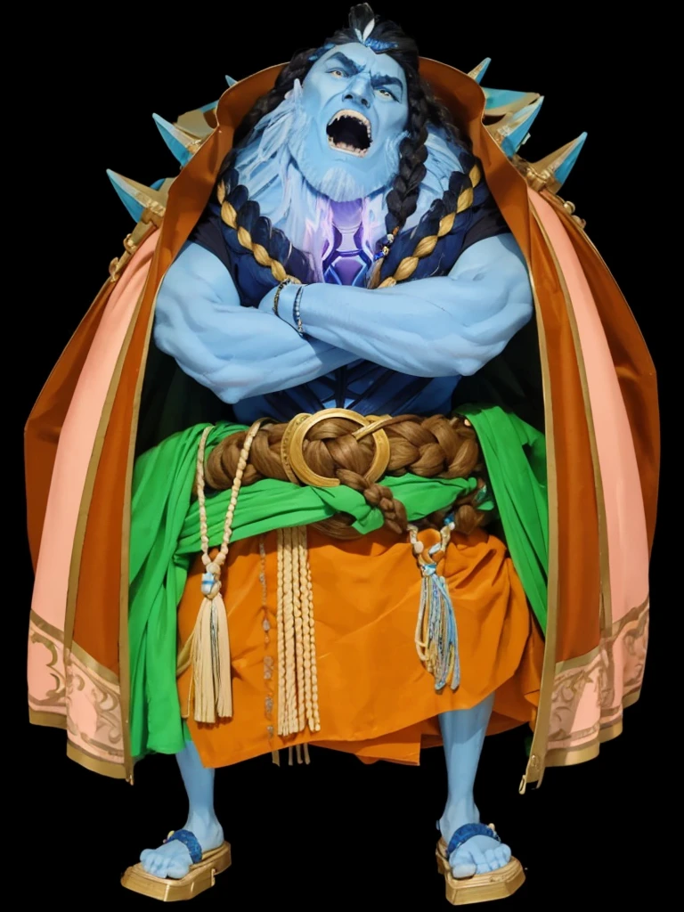 A humanoid being, blue frame, with big teeth, with braided hair, e barba